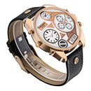 CAGARNY 6822 Fashionable Concise Style Large Dial Dual Clock Rose Gold Case Quartz Movement Wrist Watch with Leather Band & GMT Time & Calendar Functions for Men(White Window)
