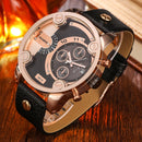 CAGARNY 6819 Fashionable Multifunctional Dual Time Zone Quartz Business Sport Wrist Watch with Leather Band & GMT Time & Calendar & Luminous Display for Men(Rose Gold Case)