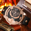 CAGARNY 6819 Fashionable Multifunctional Dual Time Zone Quartz Business Sport Wrist Watch with Leather Band & GMT Time & Calendar & Luminous Display for Men(Rose Gold Case)