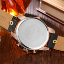 CAGARNY 6819 Fashionable Multifunctional Dual Time Zone Quartz Business Sport Wrist Watch with Leather Band & GMT Time & Calendar & Luminous Display for Men(Rose Gold Case)