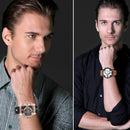 CAGARNY 6819 Fashionable Multifunctional Dual Time Zone Quartz Business Sport Wrist Watch with Leather Band & GMT Time & Calendar & Luminous Display for Men(Rose Gold Case)