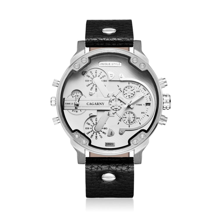 CAGARNY 6820 Fashionable Multifunctional Style Quartz Business Sport Wrist Watch with Leather Band & GMT Time & Calendar & Luminous Display for Men(Black Band White Window)