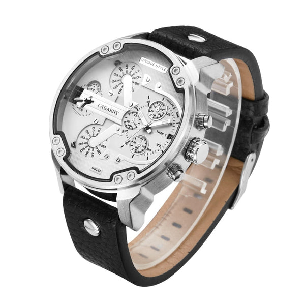 CAGARNY 6820 Fashionable Multifunctional Style Quartz Business Sport Wrist Watch with Leather Band & GMT Time & Calendar & Luminous Display for Men(Black Band White Window)