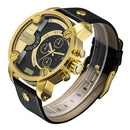 CAGARNY 6818 Fashionable DZ Style Large Dial Dual Clock Quartz Movement Sport Wrist Watch with Leather Band & Calendar Function for Men(Black Band Gold Case)