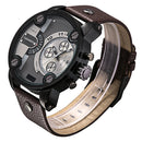 CAGARNY 6818 Fashionable DZ Style Large Dial Dual Clock Quartz Movement Sport Wrist Watch with Leather Band & Calendar Function for Men(Brown Band Black Case)