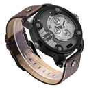 CAGARNY 6818 Fashionable DZ Style Large Dial Dual Clock Quartz Movement Sport Wrist Watch with Leather Band & Calendar Function for Men(Brown Band Black Case)