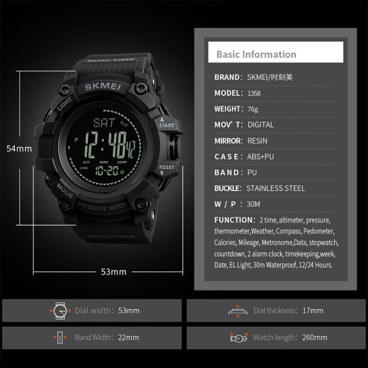 SKMEI 1358 Multifunctional Men Outdoor Sports 30m Waterproof Digital Watch with Compass / Barometer / Altimeter/ Pedometer Function(Black)