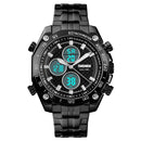 SKMEI 1302 Fashion Men Leisure Wrist Watch Multifunctional Dual-time Sports Digital Watch with Stainless Steel Watchband 30m Waterproof (Black+White)