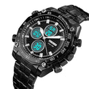 SKMEI 1302 Fashion Men Leisure Wrist Watch Multifunctional Dual-time Sports Digital Watch with Stainless Steel Watchband 30m Waterproof (Black+White)