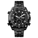 SKMEI 1302 Fashion Men Leisure Wrist Watch Multifunctional Dual-time Sports Digital Watch with Stainless Steel Watchband 30m Waterproof (Black)