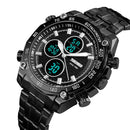 SKMEI 1302 Fashion Men Leisure Wrist Watch Multifunctional Dual-time Sports Digital Watch with Stainless Steel Watchband 30m Waterproof (Black)