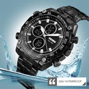 SKMEI 1302 Fashion Men Leisure Wrist Watch Multifunctional Dual-time Sports Digital Watch with Stainless Steel Watchband 30m Waterproof (Black)
