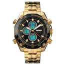SKMEI 1302 Fashion Men Leisure Wrist Watch Multifunctional Dual-time Sports Digital Watch with Stainless Steel Watchband 30m Waterproof (Gold)