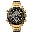 SKMEI 1302 Fashion Men Leisure Wrist Watch Multifunctional Dual-time Sports Digital Watch with Stainless Steel Watchband 30m Waterproof (Gold)