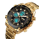 SKMEI 1302 Fashion Men Leisure Wrist Watch Multifunctional Dual-time Sports Digital Watch with Stainless Steel Watchband 30m Waterproof (Gold)