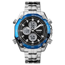 SKMEI 1302 Fashion Men Leisure Wrist Watch Multifunctional Dual-time Sports Digital Watch with Stainless Steel Watchband 30m Waterproof (Blue)