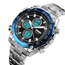 SKMEI 1302 Fashion Men Leisure Wrist Watch Multifunctional Dual-time Sports Digital Watch with Stainless Steel Watchband 30m Waterproof (Blue)