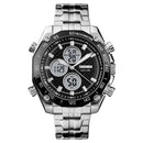 SKMEI 1302 Fashion Men Leisure Wrist Watch Multifunctional Dual-time Sports Digital Watch with Stainless Steel Watchband 30m Waterproof (Silver+Black)