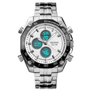 SKMEI 1302 Fashion Men Leisure Wrist Watch Multifunctional Dual-time Sports Digital Watch with Stainless Steel Watchband 30m Waterproof (Silver)
