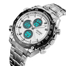 SKMEI 1302 Fashion Men Leisure Wrist Watch Multifunctional Dual-time Sports Digital Watch with Stainless Steel Watchband 30m Waterproof (Silver)