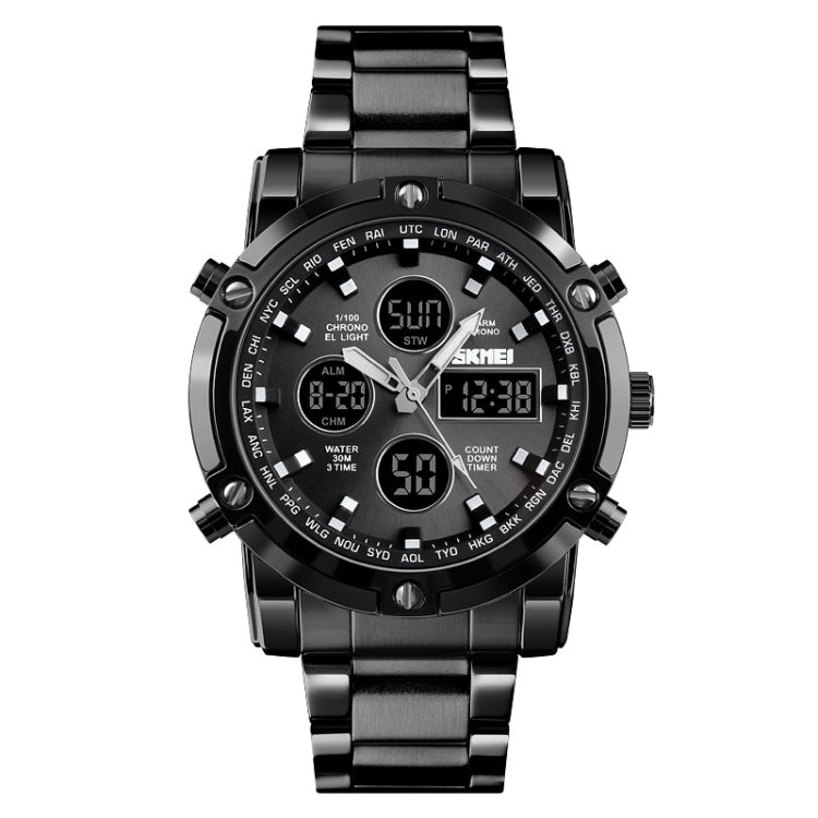 SKMEI 1389 Multifunctional Men Business Digital Watch 30m Waterproof Large Dial Wrist Watch with Stainless Steel Watchband (Black)