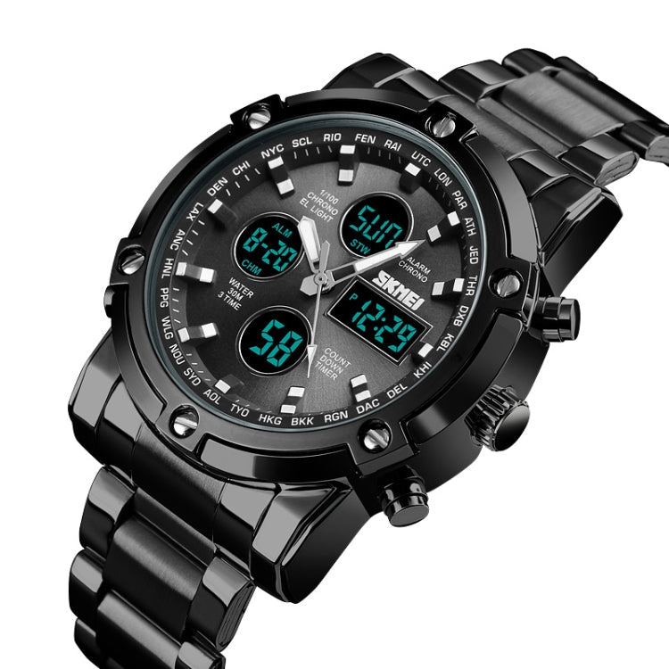 SKMEI 1389 Multifunctional Men Business Digital Watch 30m Waterproof Large Dial Wrist Watch with Stainless Steel Watchband (Black)