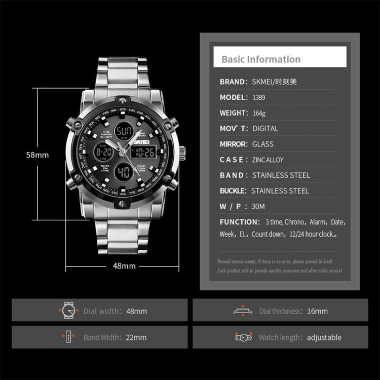 SKMEI 1389 Multifunctional Men Business Digital Watch 30m Waterproof Large Dial Wrist Watch with Stainless Steel Watchband (Black)