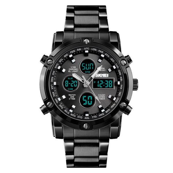 SKMEI 1389 Multifunctional Men Business Digital Watch 30m Waterproof Large Dial Wrist Watch with Stainless Steel Watchband (Black)