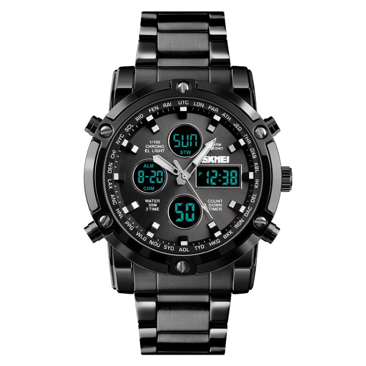 SKMEI 1389 Multifunctional Men Business Digital Watch 30m Waterproof Large Dial Wrist Watch with Stainless Steel Watchband (Black)