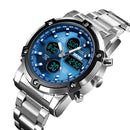SKMEI 1389 Multifunctional Men Business Digital Watch 30m Waterproof Large Dial Wrist Watch with Stainless Steel Watchband (Blue)