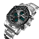 SKMEI 1389 Multifunctional Men Business Digital Watch 30m Waterproof Large Dial Wrist Watch with Stainless Steel Watchband (Silver+Black)