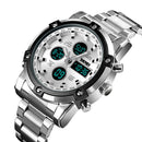 SKMEI 1389 Multifunctional Men Business Digital Watch 30m Waterproof Large Dial Wrist Watch with Stainless Steel Watchband (Silver)