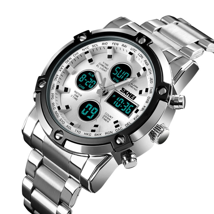 SKMEI 1389 Multifunctional Men Business Digital Watch 30m Waterproof Large Dial Wrist Watch with Stainless Steel Watchband (Silver)