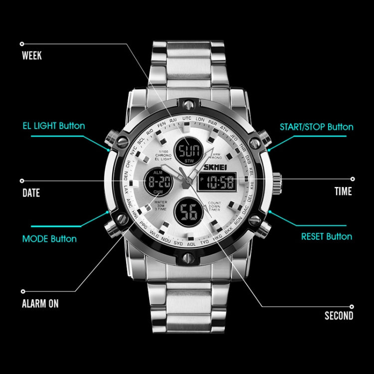 SKMEI 1389 Multifunctional Men Business Digital Watch 30m Waterproof Large Dial Wrist Watch with Stainless Steel Watchband (Silver)