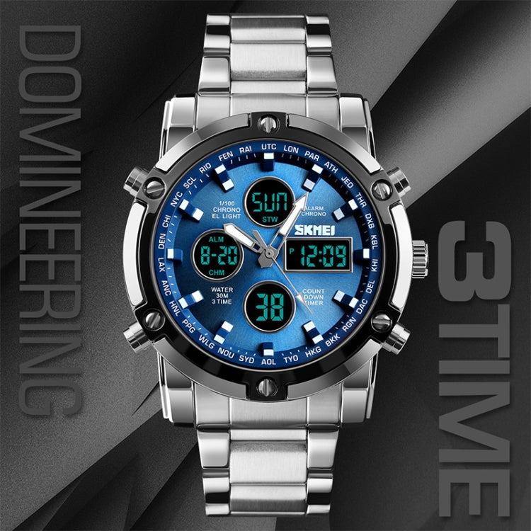 SKMEI 1389 Multifunctional Men Business Digital Watch 30m Waterproof Large Dial Wrist Watch with Stainless Steel Watchband (Silver)