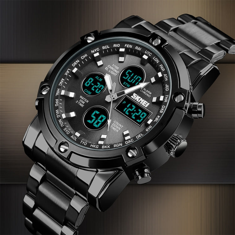 SKMEI 1389 Multifunctional Men Business Digital Watch 30m Waterproof Large Dial Wrist Watch with Stainless Steel Watchband (Silver)