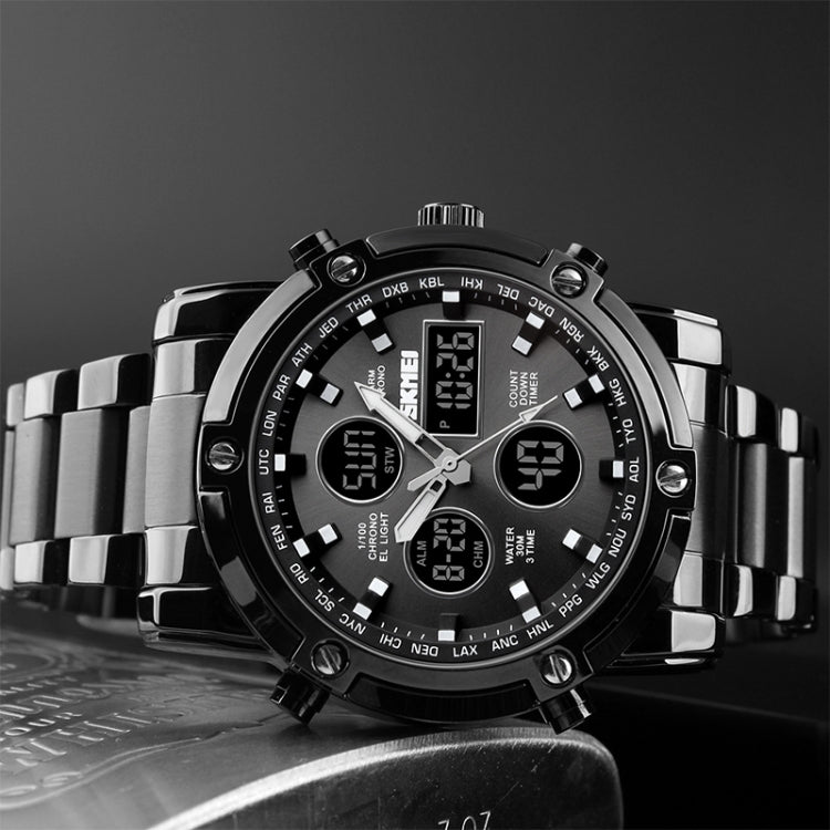 SKMEI 1389 Multifunctional Men Business Digital Watch 30m Waterproof Large Dial Wrist Watch with Stainless Steel Watchband (Silver)