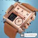 SKMEI 1391 Multifunctional Men Business Digital Watch 30m Waterproof Square Dial Wrist Watch with Leather Watchband(Silver+Coffee)