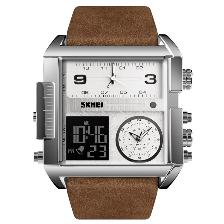SKMEI 1391 Multifunctional Men Business Digital Watch 30m Waterproof Square Dial Wrist Watch with Leather Watchband(Silver+Coffee)