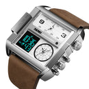 SKMEI 1391 Multifunctional Men Business Digital Watch 30m Waterproof Square Dial Wrist Watch with Leather Watchband(Silver+Coffee)