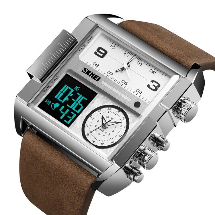 SKMEI 1391 Multifunctional Men Business Digital Watch 30m Waterproof Square Dial Wrist Watch with Leather Watchband(Silver+Coffee)