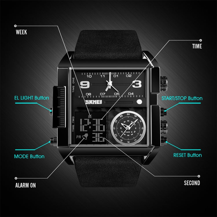 SKMEI 1391 Multifunctional Men Business Digital Watch 30m Waterproof Square Dial Wrist Watch with Leather Watchband(Silver+Coffee)