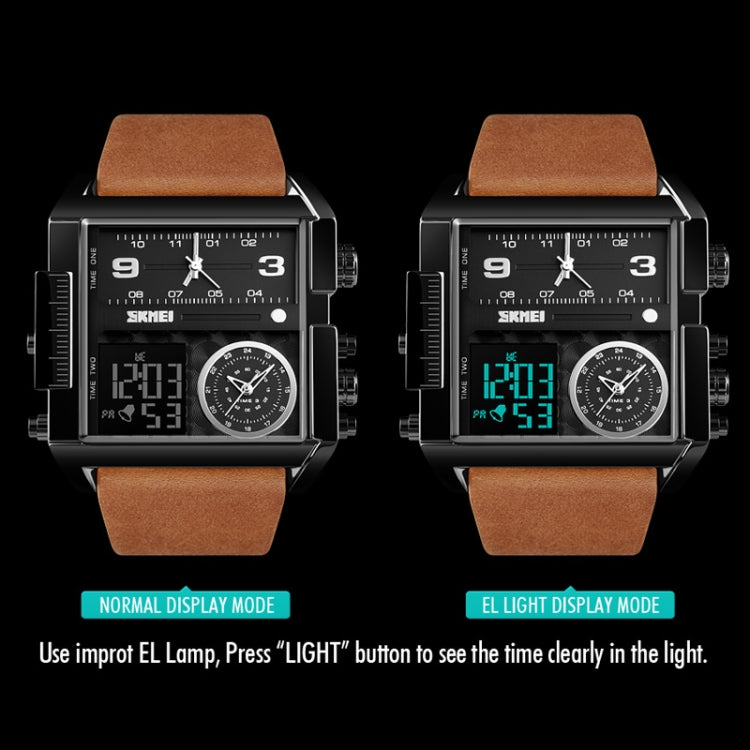 SKMEI 1391 Multifunctional Men Business Digital Watch 30m Waterproof Square Dial Wrist Watch with Leather Watchband(Silver+Coffee)