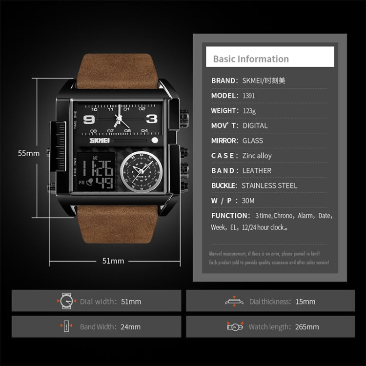 SKMEI 1391 Multifunctional Men Business Digital Watch 30m Waterproof Square Dial Wrist Watch with Leather Watchband(Silver+Coffee)