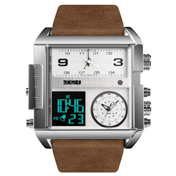 SKMEI 1391 Multifunctional Men Business Digital Watch 30m Waterproof Square Dial Wrist Watch with Leather Watchband(Silver+Coffee)