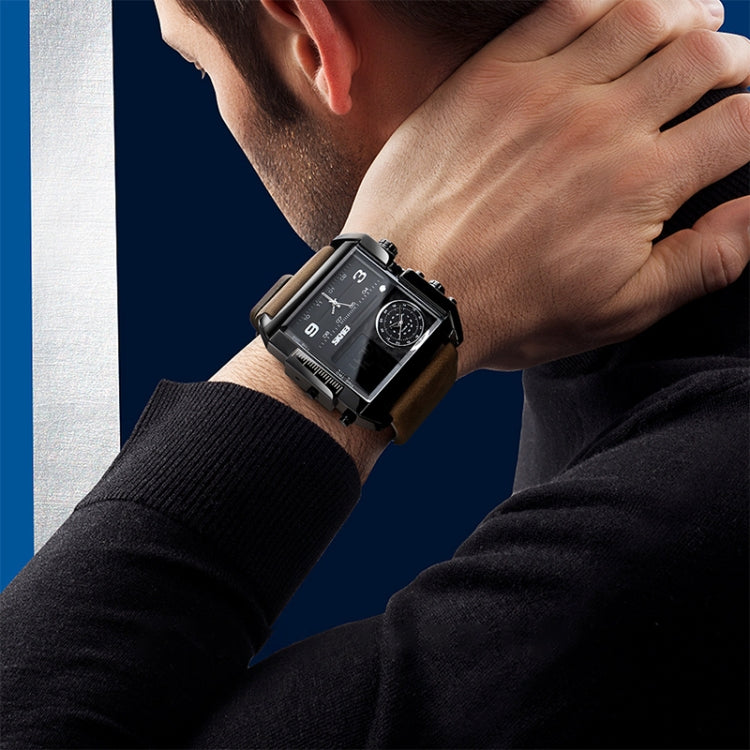 SKMEI 1391 Multifunctional Men Business Digital Watch 30m Waterproof Square Dial Wrist Watch with Leather Watchband(Gold Black)