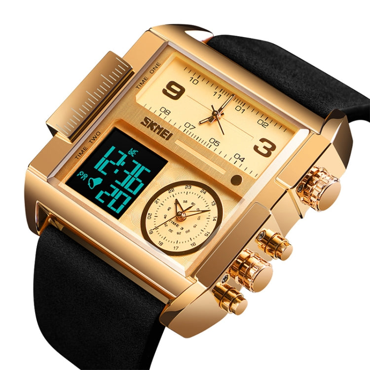 SKMEI 1391 Multifunctional Men Business Digital Watch 30m Waterproof Square Dial Wrist Watch with Leather Watchband(Gold Black)