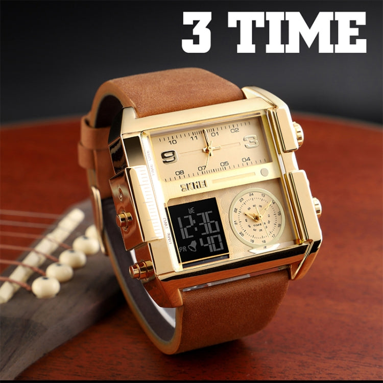 SKMEI 1391 Multifunctional Men Business Digital Watch 30m Waterproof Square Dial Wrist Watch with Leather Watchband(Gold Black)