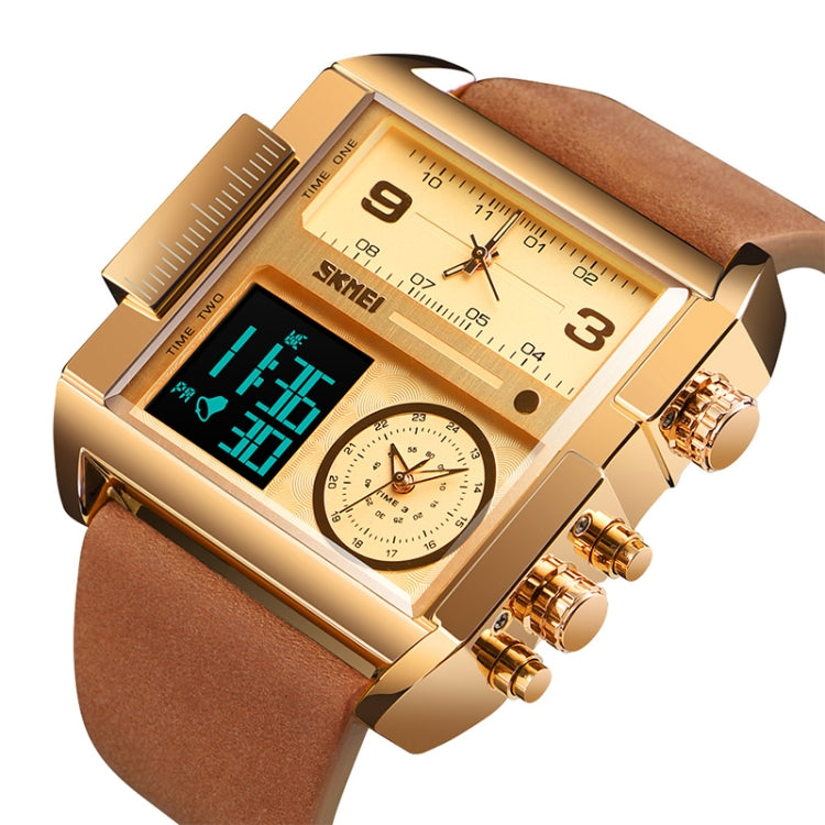 SKMEI 1391 Multifunctional Men Business Digital Watch 30m Waterproof Square Dial Wrist Watch with Leather Watchband(Gold)