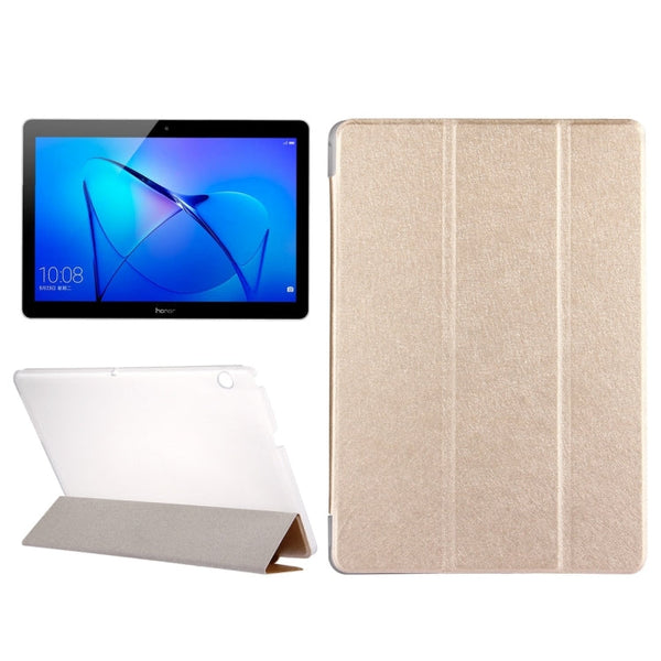 For Huawei MediaPad T3 10 9.6 inch Silk Texture Horizontal Flip Leather Case with 3-folding Holder(Gold)